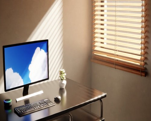 Sunlight filtering through window blinds over a desk